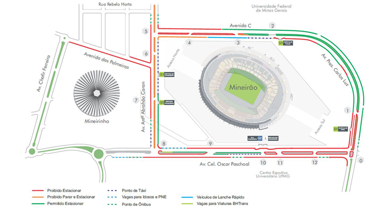 Baile do Dennis acontece no gramado do Mineirão no sábado, dia 30/6, e tem operação especial de transporte e trânsito. Arte: BHTrans Mapa de operação de transporte e trânsito no entorno do Mineirão devido ao Baile do Dennis, no sábado, dia 30/6.