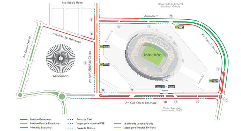 Mapa de operação de transporte e trânsito no entorno do Mineirão devido ao Baile do Dennis, no sábado, dia 30/6. 