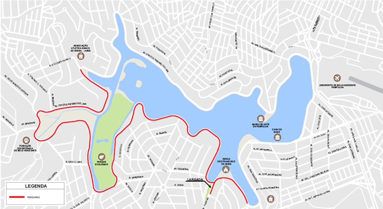 BHTrans realiza operação na Pampulha para a corrida Circuito das Estações Mapa gráfico do entorno da Lagoa da Pampulha