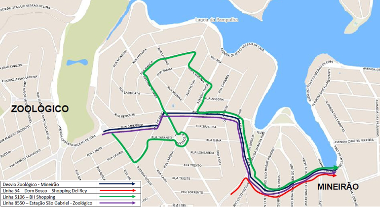 BHTrans realiza operação especial de trânsito e transportes para a Corrida FENAE do Pessoal da Caixa, neste domingo, dia 1º/7. Arte: BHTrans Mapa de operação especial de trânsito e transportes para a Corrida FENAE do Pessoal da Caixa, na Pampulha, neste domingo, dia 1º/7.