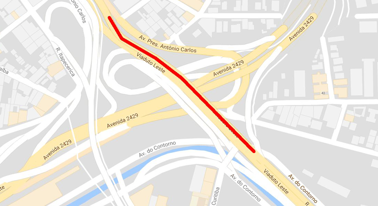 Viaduto Leste, no Complexo da Lagoinha será interditado entre os dias 28 e 30/6. Arte: BHTrans Mapa da intervenção no viaduto Leste.