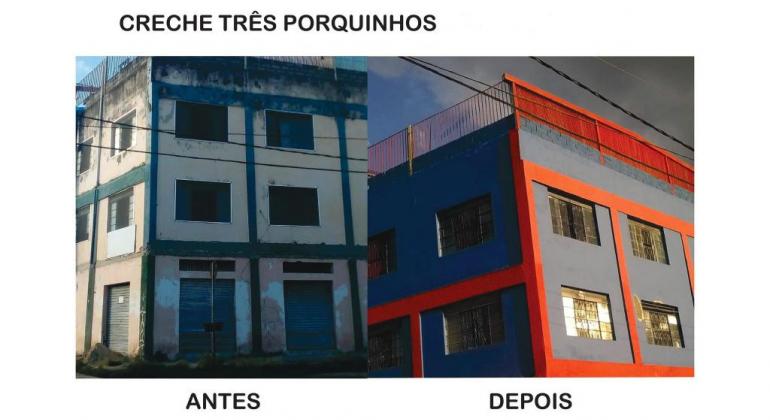 Prefeitura investe em infraestrutura e garante a qualidade da Educação Infantil. Foto: Divulgação/PBH Fachada da creche três porquinhos - Antes e depois. Comparação.