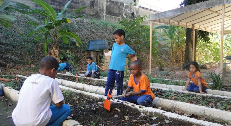 Alunos da Escola Municipal Santos Dumont participam de Horta comunitária. Foto: Divulgação/PBH Seis alunos da escola integrada participam da horta comunitária na escola