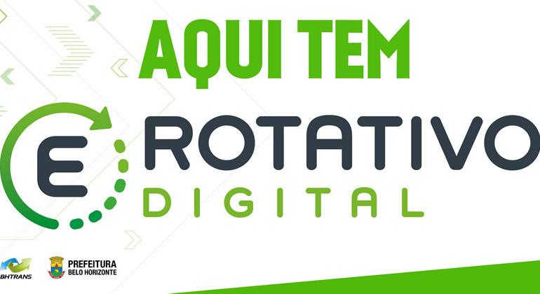 Rotativo digital completa um mês e já tem a preferência de 40% dos motoristas. Arte: PBH Peça gráfica com os dizeres "Aqui tem Rotativo Digital" e sinal de estacionamento à esquerda.