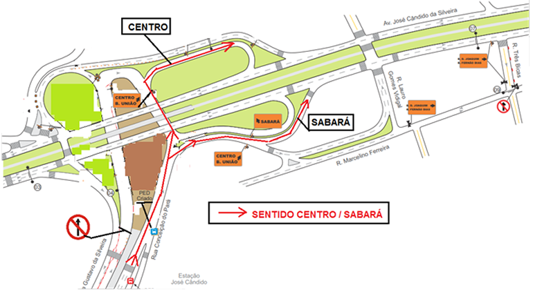 Mapa do desvio de trânsito nos sentidos Horto/Centro e Horto/Sabará.