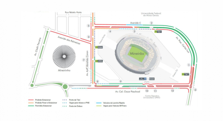 Mapa da operação de transporte e trânsito para a exibição do jogo Brasil x Bélgica na Esplanada do Mineirão.