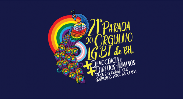 BHTrans realiza operação especial de trânsito e transporte durante a 21ª Parada do Orgulho LGBT de Belo Horizonte, no domingo, dia 8/7. Arte: PBH Pavão com um arco-íris ao lado dos seguintes dizeres: 21ª Parada do Orgulho LGBT de BH. +Democracia e + Direitos Humanos. Esse é o Brasil que queremos para as LGBT!
