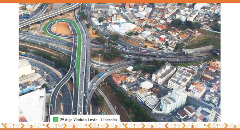 Viaduto Leste no Complexo da Lagoinha já está liberado para o tráfego. Foto: Divulgação/BHTrans visão aérea do Viaduto Leste , destaque em verde na via liberada.