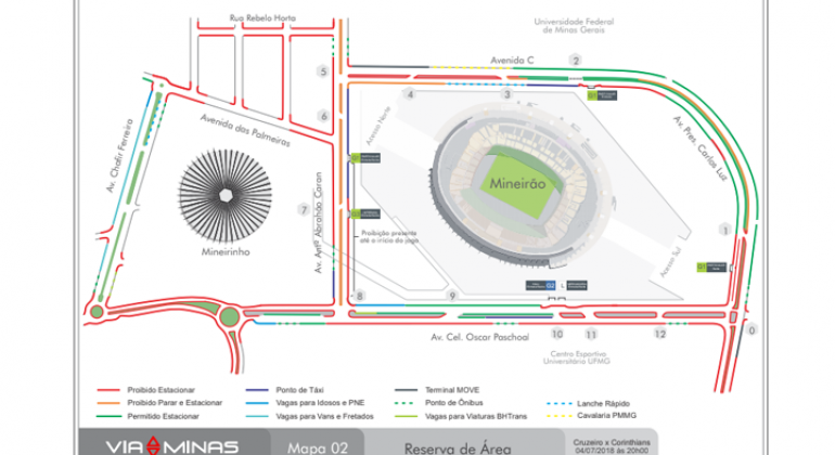 A BHTrans realiza operação especial para o jogo Cruzeiro x Corinthians na quarta-feira, dia 4/7, no Mineirão. Arte: BHTrans Mapa da operação de trânsito para o jogo Cruzeiro x Corinthians na quarta-feira, dia 4/7, no Mineirão.
