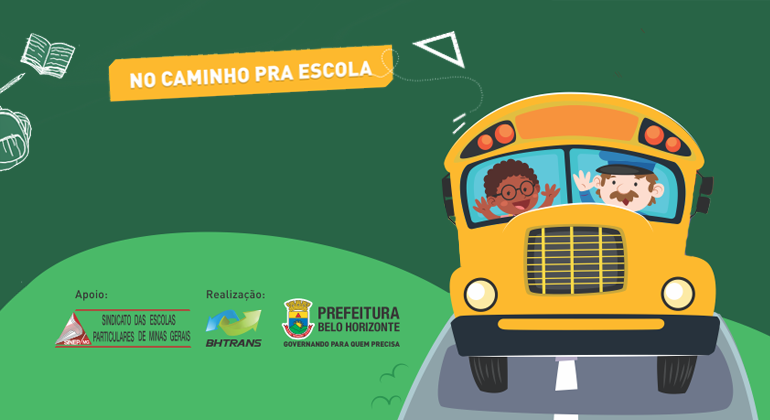 Operação Volta às Aulas começa nessa segunda-feira, dia 30 Imagem gráfica de um ônibus escolar com texto "No caminho pra escola"