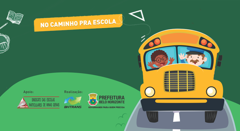 Imagem gráfica de um ônibus escolar com texto "No caminho pra escola"