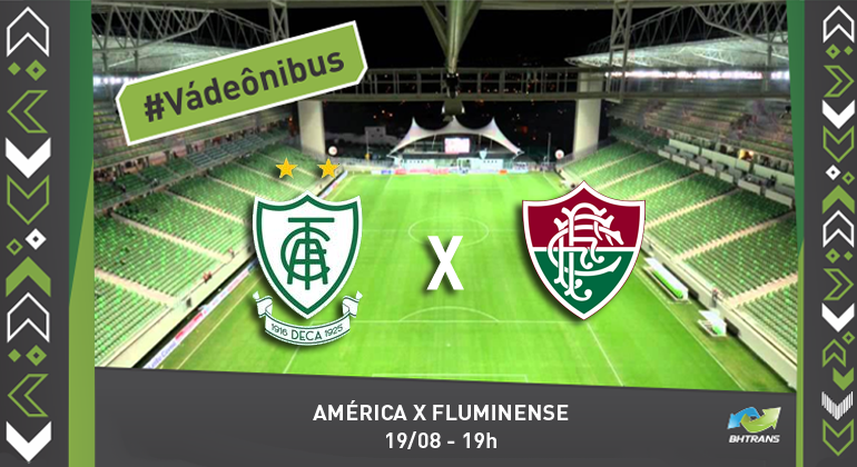Estádio independência ao fundo e escudos dos times América e Fluminense, com informações sobre o jogo e a hashtag Vá de ônibus.