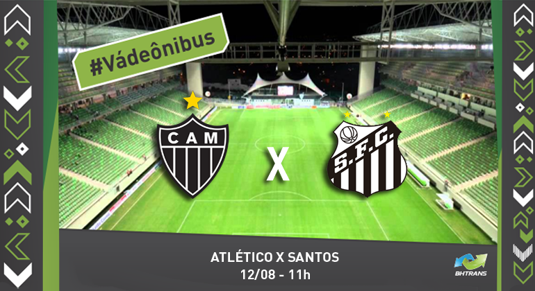 Jogo Atlético X Santos, neste domingo,12/8, terá Serviço Especial de Transporte.Jogo Atlético X Santos, neste domingo,12/8, terá Serviço Especial de Transporte. Jogo Atlético X Santos, neste domingo,12/8, terá Serviço Especial de Transporte. Foto: Divulgação/BHTrans Estádio independência ao fundo e escudos dos times Atlético-MG e Santos F.C, com informações sobre o jogo e a hashtag Vá de ônibus.