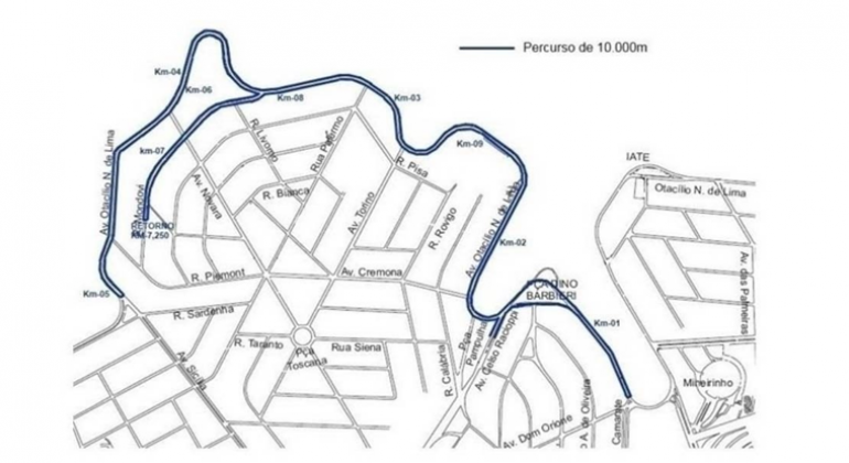 Mapa com alteração de rotas na pampulha para a corrida da beleza