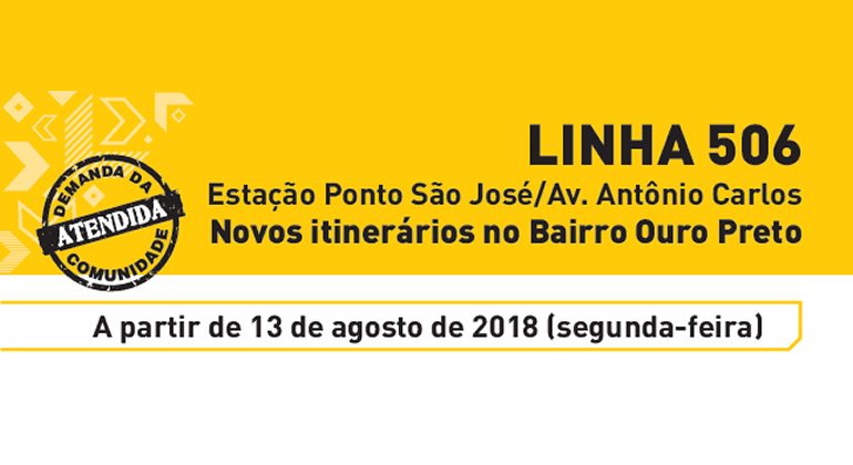 Fundo amarelo com informação sobre novos itinerários no Bairro Ouro Preto, Linha 506 , data e, no canto esquerdo, um "Carimbo" com os dizeres "Demanda da comunidade ATENDIDA".