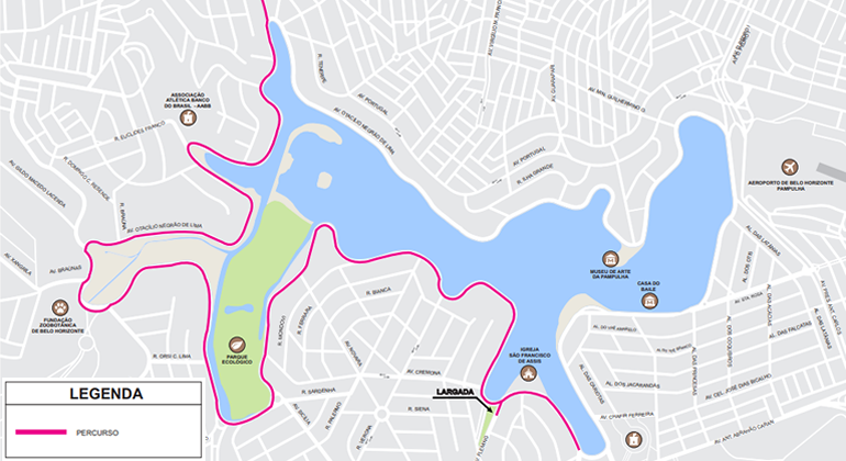 BHTrans realiza operação para Corrida Circuito das Estações Mapa ilustrando trajeto na orla da Pampulha