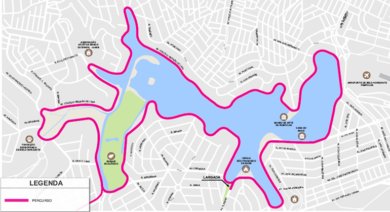 BHTrans realiza operação especial de trânsito e transportes para evento Asics 21 Mapa da rota Asics 21 na orla da pampulha