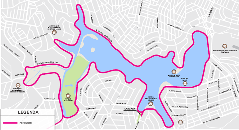 Mapa da rota Asics 21 na orla da pampulha