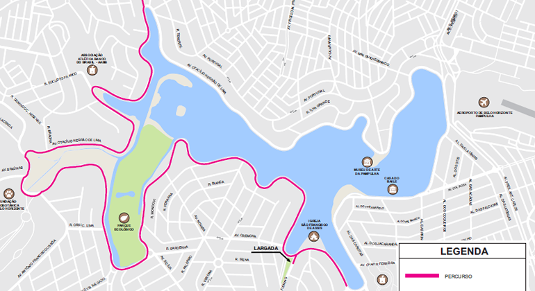 Pampulha terá operação especial de trânsito para Meia Maratona da Advocacia. Divulgação/PBH Mapa da orla da Lagoa da Pampulha e destaque em rosa no percurso da Meia Maratona da Advocacia