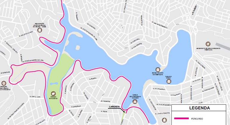 Mapa da orla da Lagoa da Pampulha e destaque em rosa no percurso da Meia Maratona da Advocacia