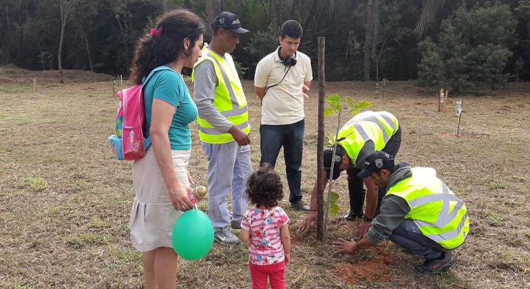 Três homens com coletes verde fluorescente plantam muda de árvore em parque. Ao lado, um homem uma mulher e uma criança.