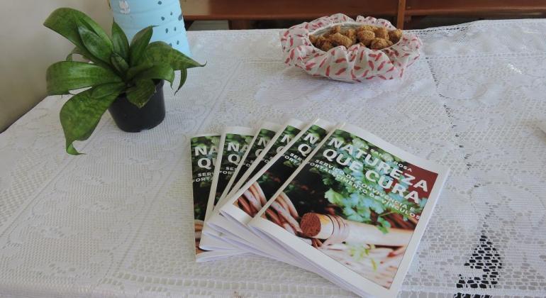 Coletivos de idosos produzem livros de receitas culinárias e plantas medicinais. Foto: Divulgação/PBH Livros artesanais, plantas e prato de comida em cima de uma mesa
