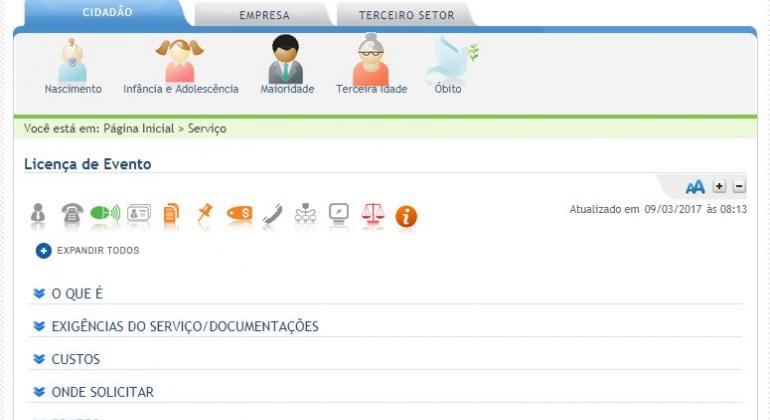 Tela do serviço de licenciamento de evento no Portal de Serviços da PBH