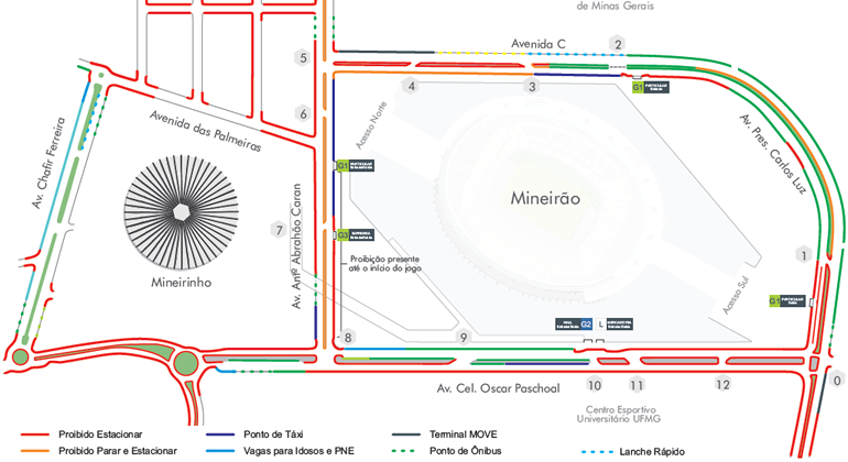 Mapa com alteração de rotas no entorno do estádio do Mineirão