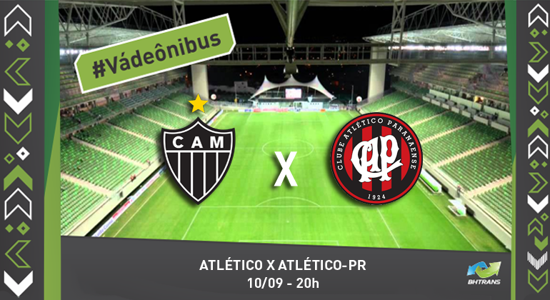BHTrans vai implantar serviço de transporte para o jogo Atlético x Atlético-PR Escudos dos times Atlético Mineiro e Atlético Paranaense e no fundo o estádio Independência vazio. #VádeÔnibus
