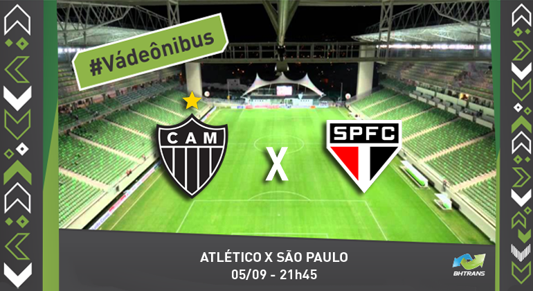 Jogo Atlético x São Paulo terá serviço especial de transporte coletivo Escudos dos times Atlético Mineiro e São Paulo e no fundo o estádio Independência vazio. #VádeÔnibus