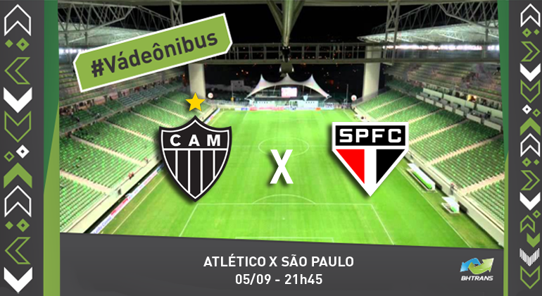 Escudos dos times Atlético Mineiro e São Paulo e no fundo o estádio Independência vazio. #VádeÔnibus