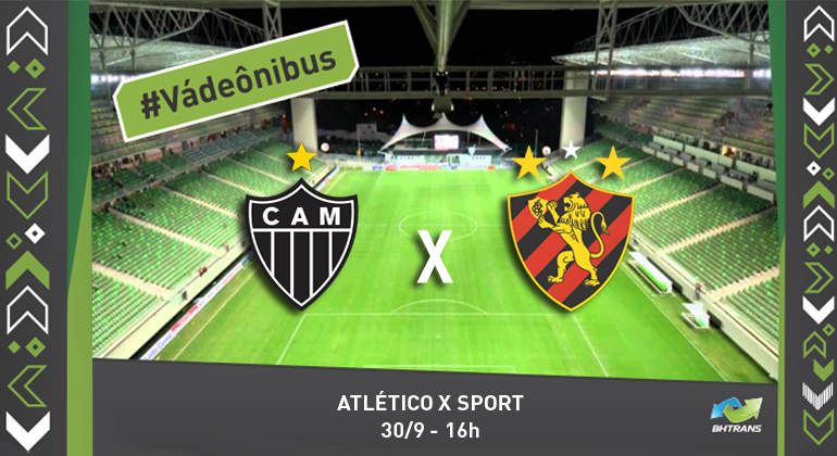 Jogo Atlético x Sport, no domingo, 30/9, no Independência, também terá serviço de transporte Escudos dos times Atlético Mineiro e Sport e no fundo o estádio Independência vazio. #VádeÔnibus 30/9 - 16h