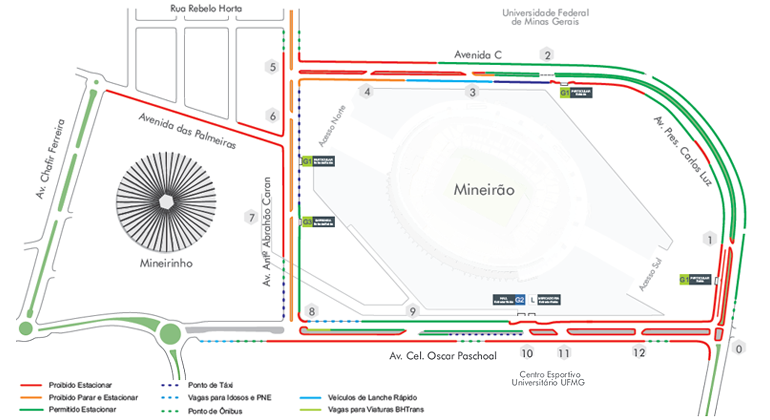 Mapa com alteração de rotas no entorno do estádio do MIneirão