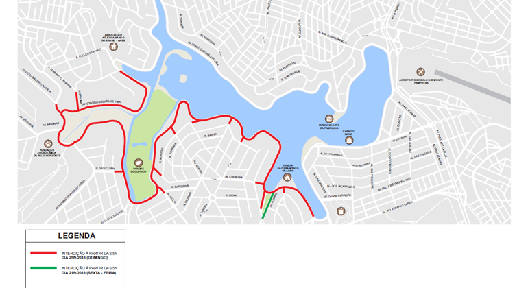 BHTrans faz operação especial de trânsito e transporte para a Corrida Itatiaia Mapa gráfico do entorno da lagoa da pampulha