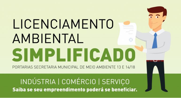 Imagem gráfica. Um homem segura um papel. Há um texto "licenciamento ambiental simplificado"