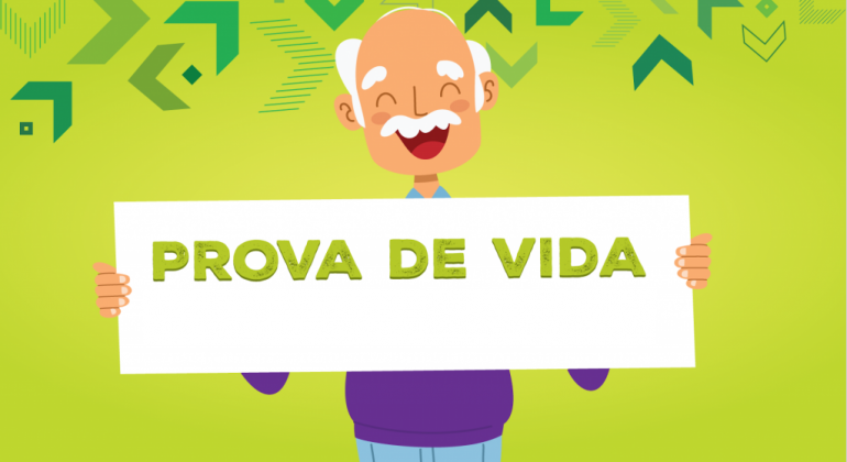 Aposentados nascidos em outubro devem fazer a prova de vida Imagem gráfica de um idoso segurando uma placa com texto "Prova de Vida"