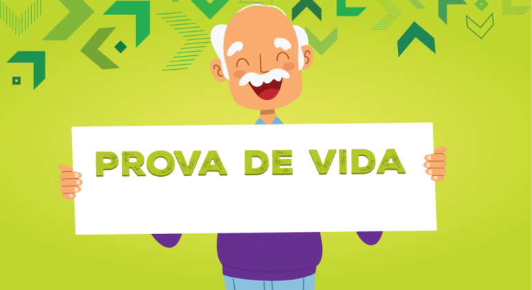 Imagem gráfica de um idoso segurando uma placa com texto "Prova de Vida"