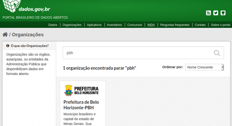 Dados Abertos da PBH no Portal do Governo Federal Imagem da página do portal do Governo Federal
