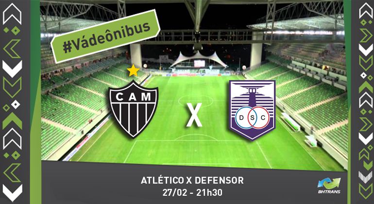Jogo no estádio Independência contará com serviço especial de transporte Escudos dos times Atlético Mineiro e Defensor do Uruguai e no fundo o estádio Independência vazio. #VádeÔnibus