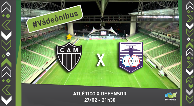 Escudos dos times Atlético Mineiro e Defensor do Uruguai e no fundo o estádio Independência vazio. #VádeÔnibus