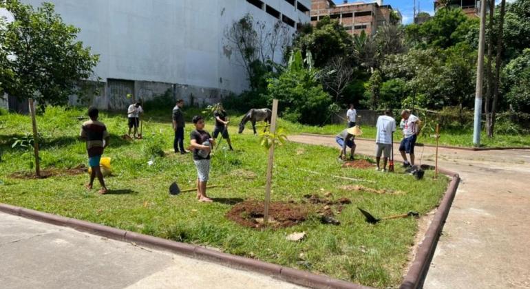 Comunidade faz o plantio de mudas em recuperação de revitalização do playground da Praça dos Micos, localizada no Buritis