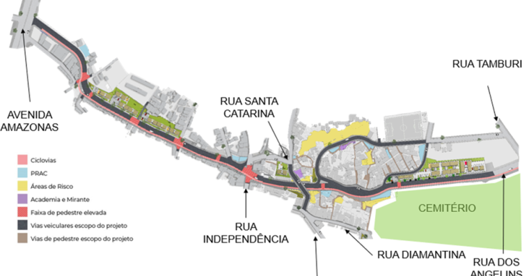Mapa mostrando todo o trajeto desde a Avenida Amazonas até Rua Tamburi