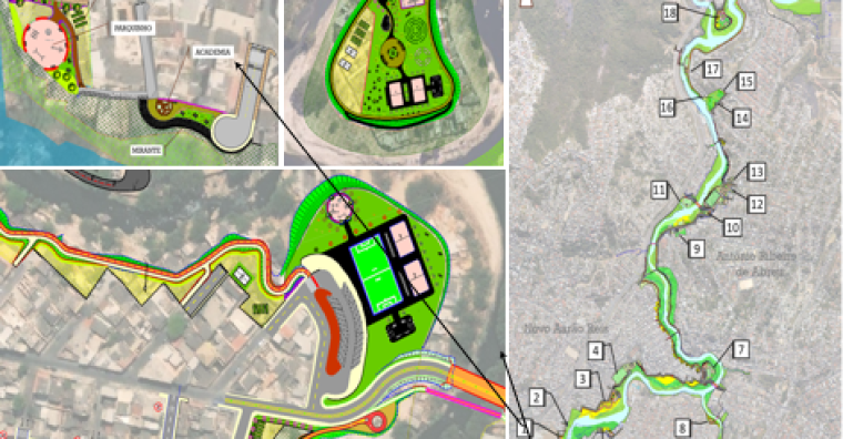 Mapas ilustrativos 2D com marcadores representando as ações feitas no projeto de macrodrenagem