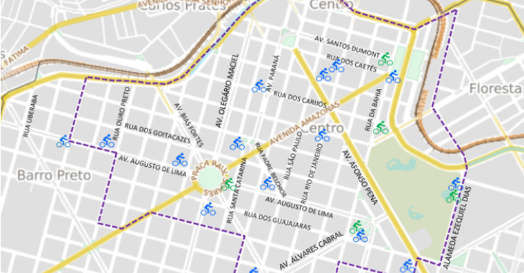 Mapa com localização das estações de bicicletas elétricas