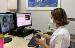 Médica em consulta virtual no computador