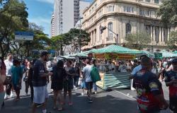 Diversas barracas de alimentação cobertas por lonas listradas em verde e branco. Ao centro e ao fundo, várias pessoas circulam, compram alimentos e conversam 