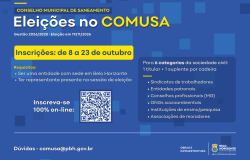 Arte com fundo azul e elementos gráficos em azul mais claro. No topo, os dizeres "Eleições no COMUSA". Abaixo uma caixa retangular amarela, com a frase em azul "Inscrições: de 8 a 23 de outubro".
