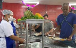 Trabalhadores se servem durante refeição em restaurante popular, com atendimento realizado por profissionais uniformizados no balcão de alimentação.