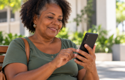Mulher negra, sentada em um banco, mexendo no celular e sorrindo. Ao fundo, há plantas e uma área externa iluminada por luz natural.