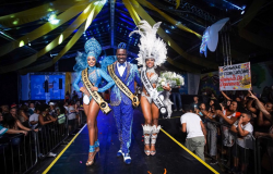 Princesa, rei e rainha do Carnaval 2020 desfilam em evento, à noite. 